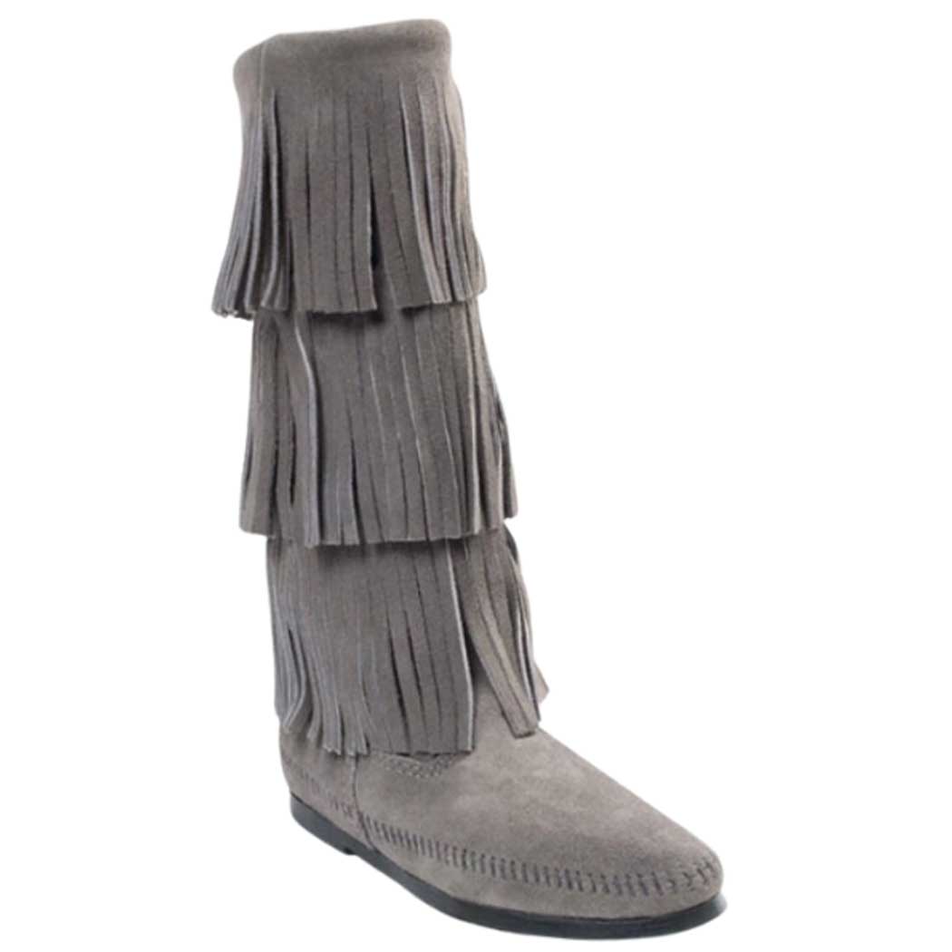 grey minnetonka fringe boots